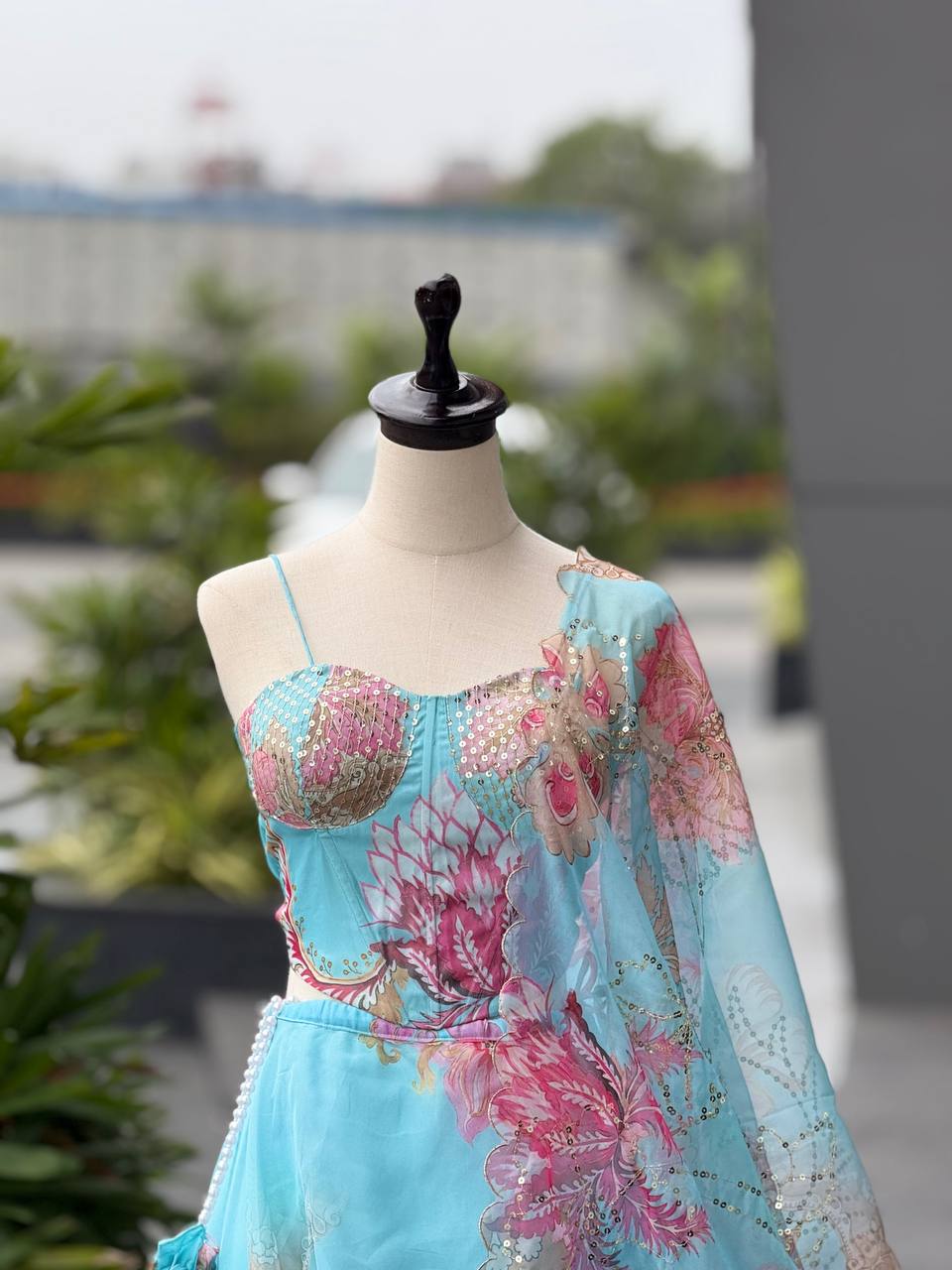 Sky Blue Designer Organza Lehenga Set with Corset Blouse, Embroidered Dupatta & Batwa ClothsVilla
