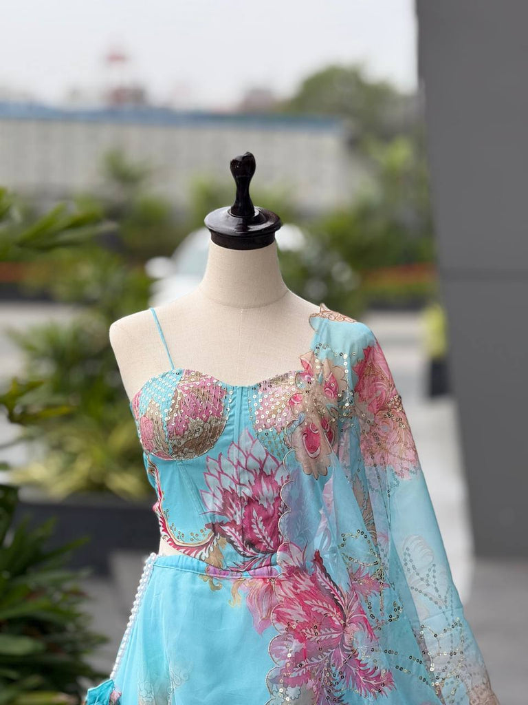 Sky Blue Designer Organza Lehenga Set with Corset Blouse, Embroidered Dupatta & Batwa ClothsVilla