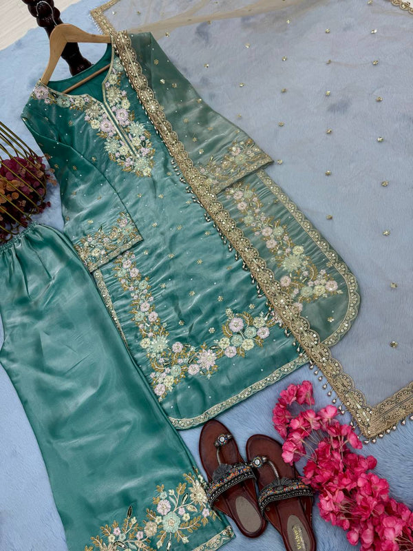 Sky Blue Designer Party Wear Chinon Silk Plazzo Set – Exquisite Embroidery & Handwork ClothsVilla
