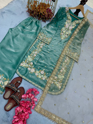 Sky Blue Designer Party Wear Chinon Silk Plazzo Set – Exquisite Embroidery & Handwork ClothsVilla
