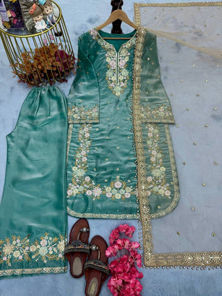 Sky Blue Designer Party Wear Chinon Silk Plazzo Set – Exquisite Embroidery & Handwork ClothsVilla