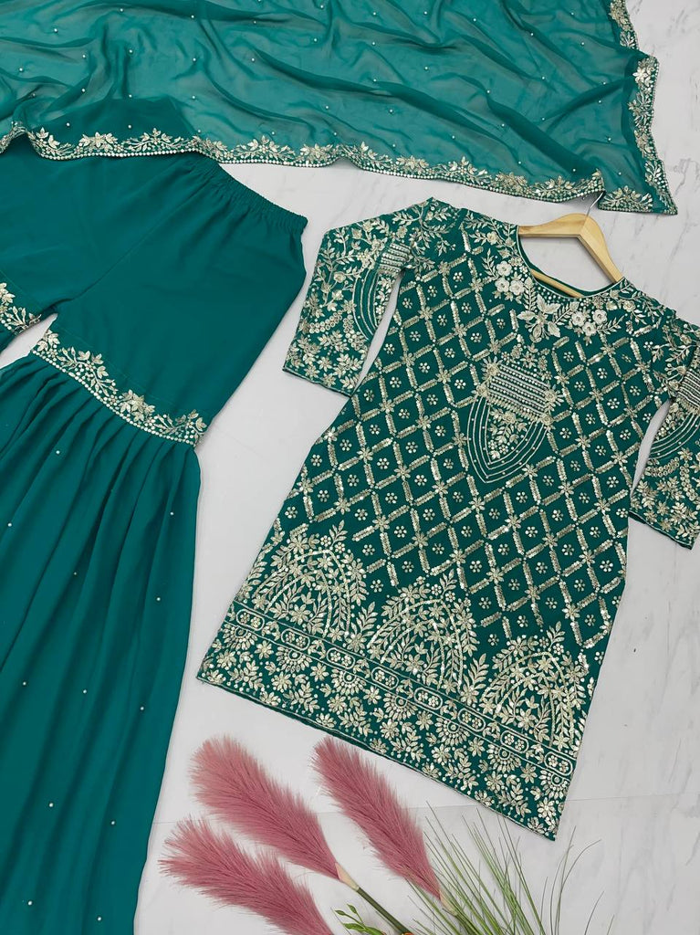 Sky Blue Designer Party Wear Top, Palazzo & Dupatta Set – Elegant Embroidered Look Clothsvilla