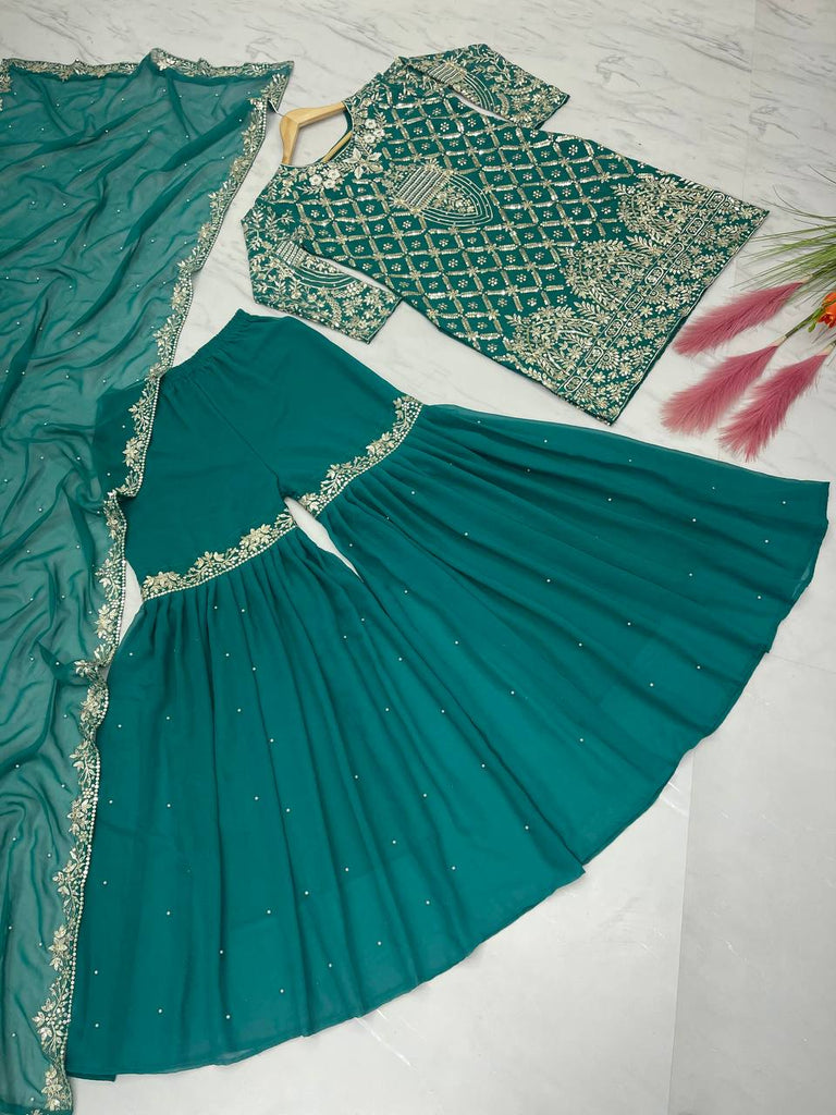 Sky Blue Designer Party Wear Top, Palazzo & Dupatta Set – Elegant Embroidered Look Clothsvilla