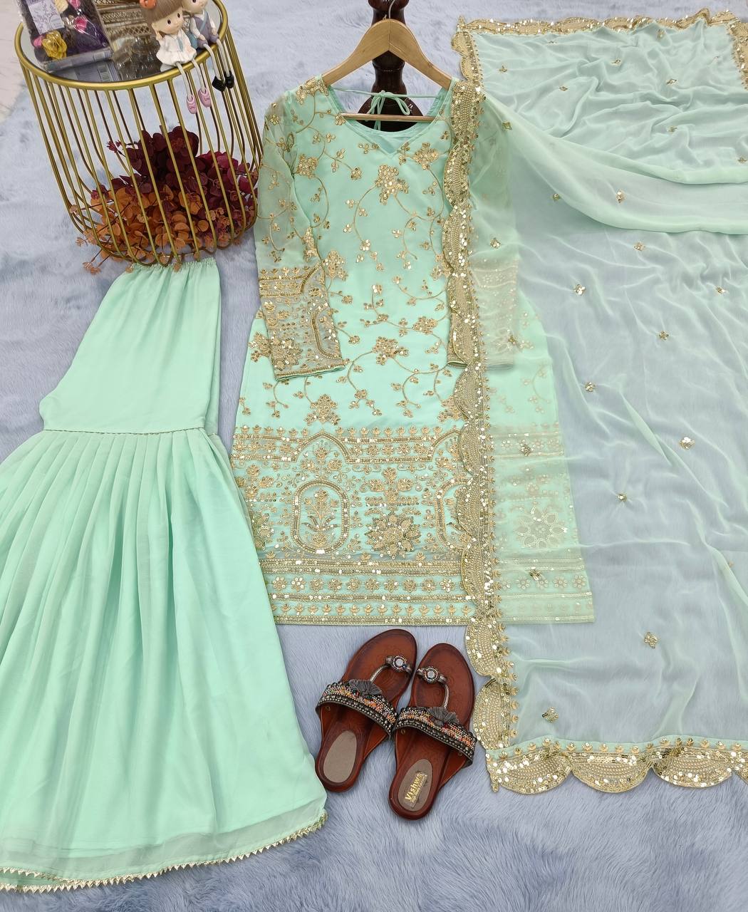 Sky Blue Designer Party Wear Top,Sharara & Dupatta Set Clothsvilla