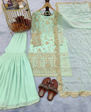 Load image into Gallery viewer, Sky Blue Designer Party Wear Top,Sharara &amp; Dupatta Set Clothsvilla