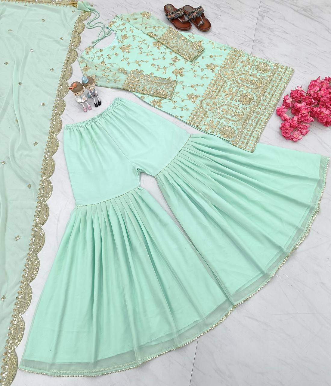 Sky Blue Designer Party Wear Top,Sharara & Dupatta Set Clothsvilla