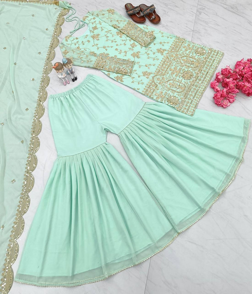 Sky Blue Designer Party Wear Top,Sharara & Dupatta Set Clothsvilla