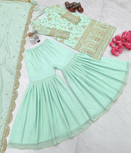 Load image into Gallery viewer, Sky Blue Designer Party Wear Top,Sharara &amp; Dupatta Set Clothsvilla