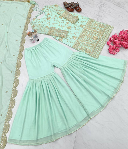 Sky Blue Designer Party Wear Top,Sharara & Dupatta Set Clothsvilla