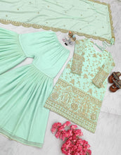 Load image into Gallery viewer, Sky Blue Designer Party Wear Top,Sharara &amp; Dupatta Set Clothsvilla