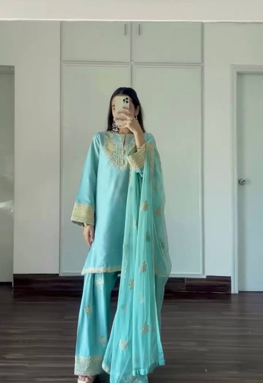 Sky Blue Designer Pure Natural Crepe Embroidered Co-Ord Set with Farshi Plazzo & Organza Dupatta ClothsVilla