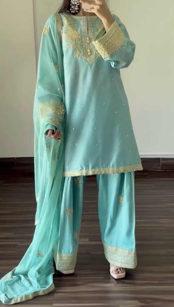 Sky Blue Designer Pure Natural Crepe Embroidered Co-Ord Set with Farshi Plazzo & Organza Dupatta ClothsVilla