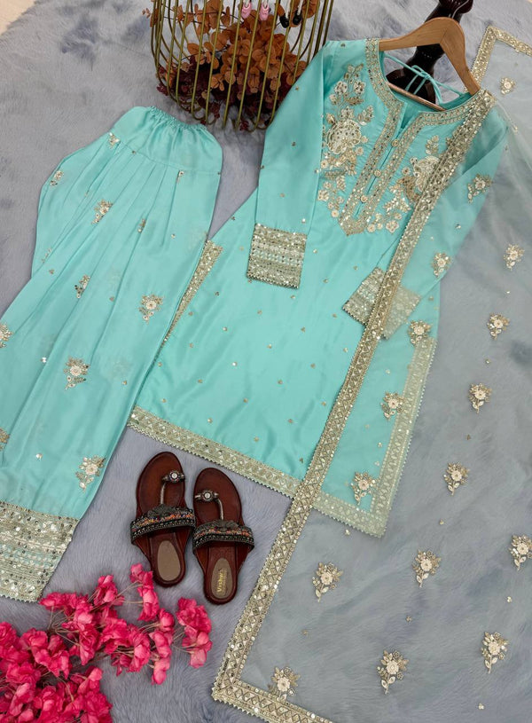 Sky Blue Designer Pure Natural Crepe Embroidered Co-Ord Set with Farshi Plazzo & Organza Dupatta ClothsVilla