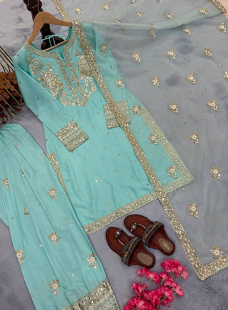 Sky Blue Designer Pure Natural Crepe Embroidered Co-Ord Set with Farshi Plazzo & Organza Dupatta ClothsVilla