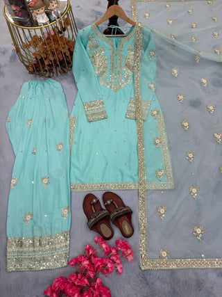 Sky Blue Designer Pure Natural Crepe Embroidered Co-Ord Set with Farshi Plazzo & Organza Dupatta ClothsVilla