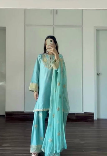 Sky Blue Designer Pure Natural Crepe Embroidered Co-Ord Set with Farshi Plazzo & Organza Dupatta ClothsVilla