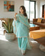 Sky Blue Designer Pure Natural Crepe Embroidered Co-Ord Set with Farshi Plazzo & Organza Dupatta ClothsVilla