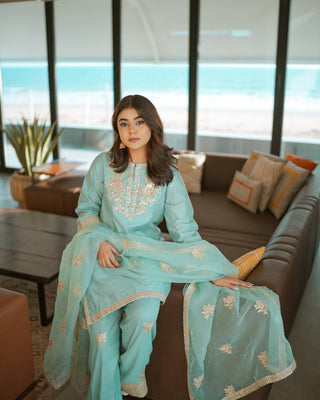 Sky Blue Designer Pure Natural Crepe Embroidered Co-Ord Set with Farshi Plazzo & Organza Dupatta ClothsVilla
