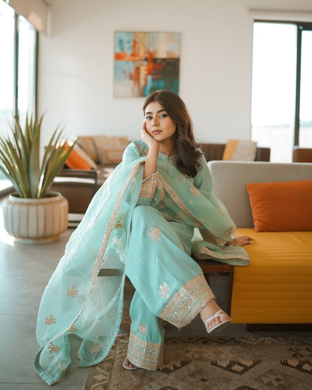 Sky Blue Designer Pure Natural Crepe Embroidered Co-Ord Set with Farshi Plazzo & Organza Dupatta ClothsVilla