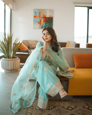 Sky Blue Designer Pure Natural Crepe Embroidered Co-Ord Set with Farshi Plazzo & Organza Dupatta ClothsVilla