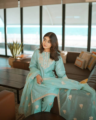 Sky Blue Designer Pure Natural Crepe Embroidered Co-Ord Set with Farshi Plazzo & Organza Dupatta ClothsVilla