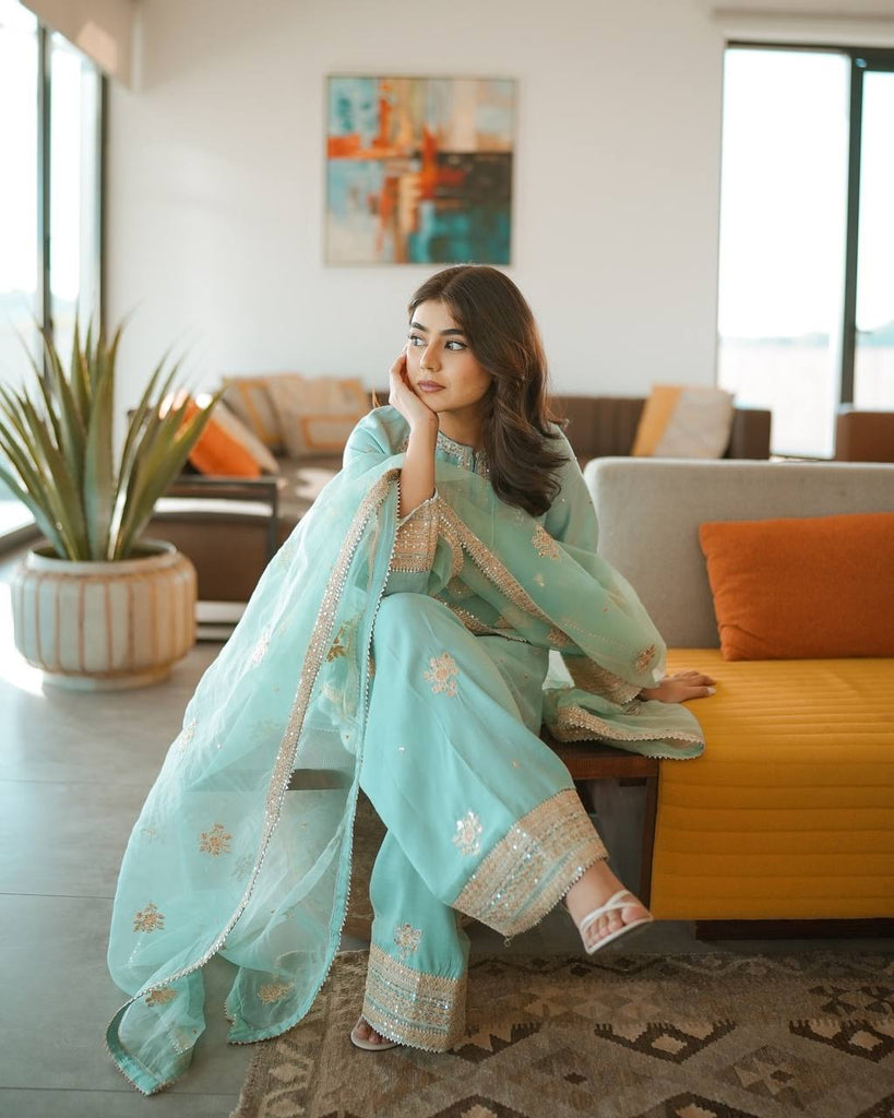 Sky Blue Designer Pure Natural Crepe Embroidered Co-Ord Set with Farshi Plazzo & Organza Dupatta ClothsVilla