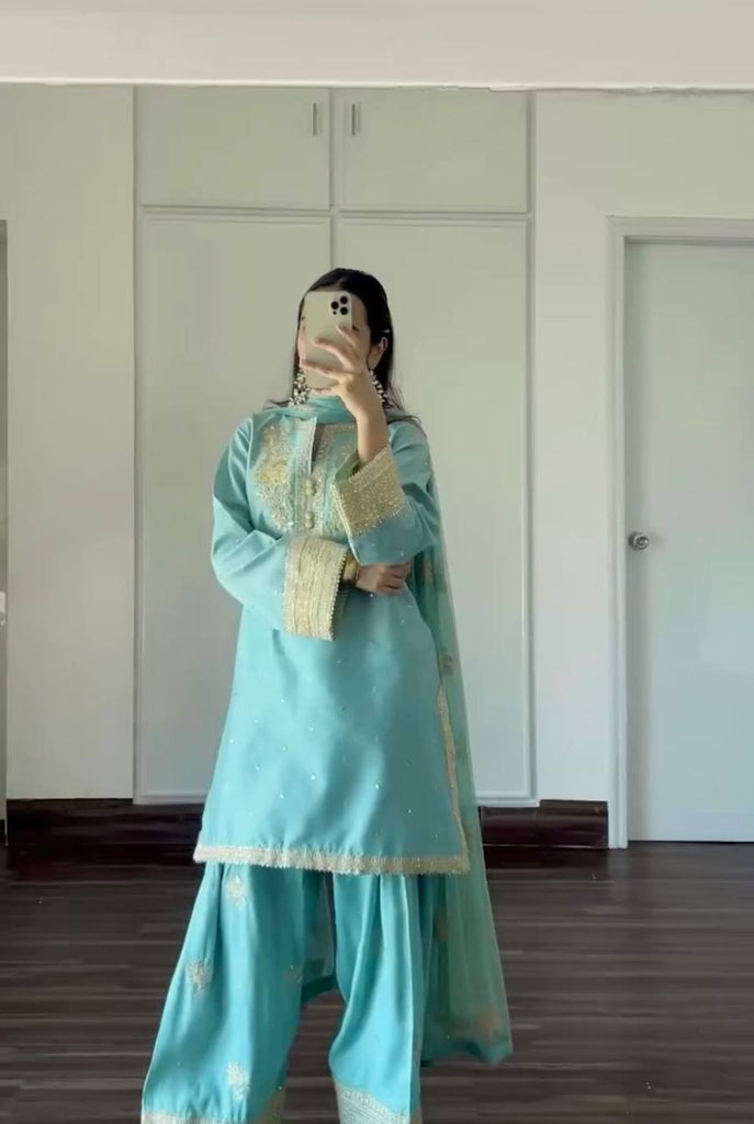 Sky Blue Designer Pure Natural Crepe Embroidered Co-Ord Set with Farshi Plazzo & Organza Dupatta ClothsVilla