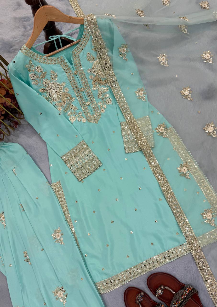 Sky Blue Designer Pure Natural Crepe Embroidered Co-Ord Set with Farshi Plazzo & Organza Dupatta ClothsVilla