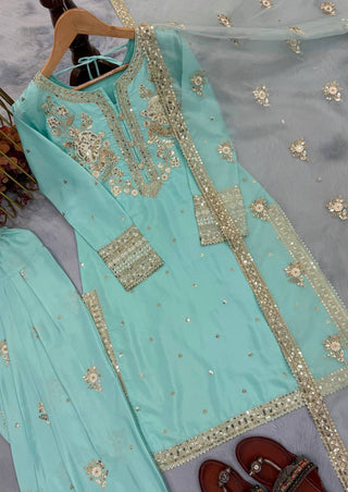 Sky Blue Designer Pure Natural Crepe Embroidered Co-Ord Set with Farshi Plazzo & Organza Dupatta ClothsVilla