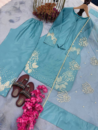 Sky Blue Designer Pure Natural Crepe Embroidered Suit Set with Tassel Detail & Organza Dupatta Clothsvilla