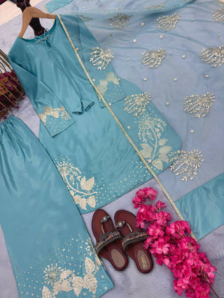 Sky Blue Designer Pure Natural Crepe Embroidered Suit Set with Tassel Detail & Organza Dupatta Clothsvilla