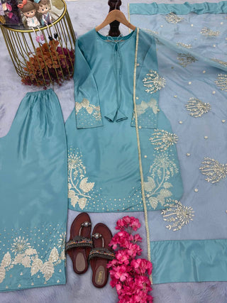 Sky Blue Designer Pure Natural Crepe Embroidered Suit Set with Tassel Detail & Organza Dupatta Clothsvilla
