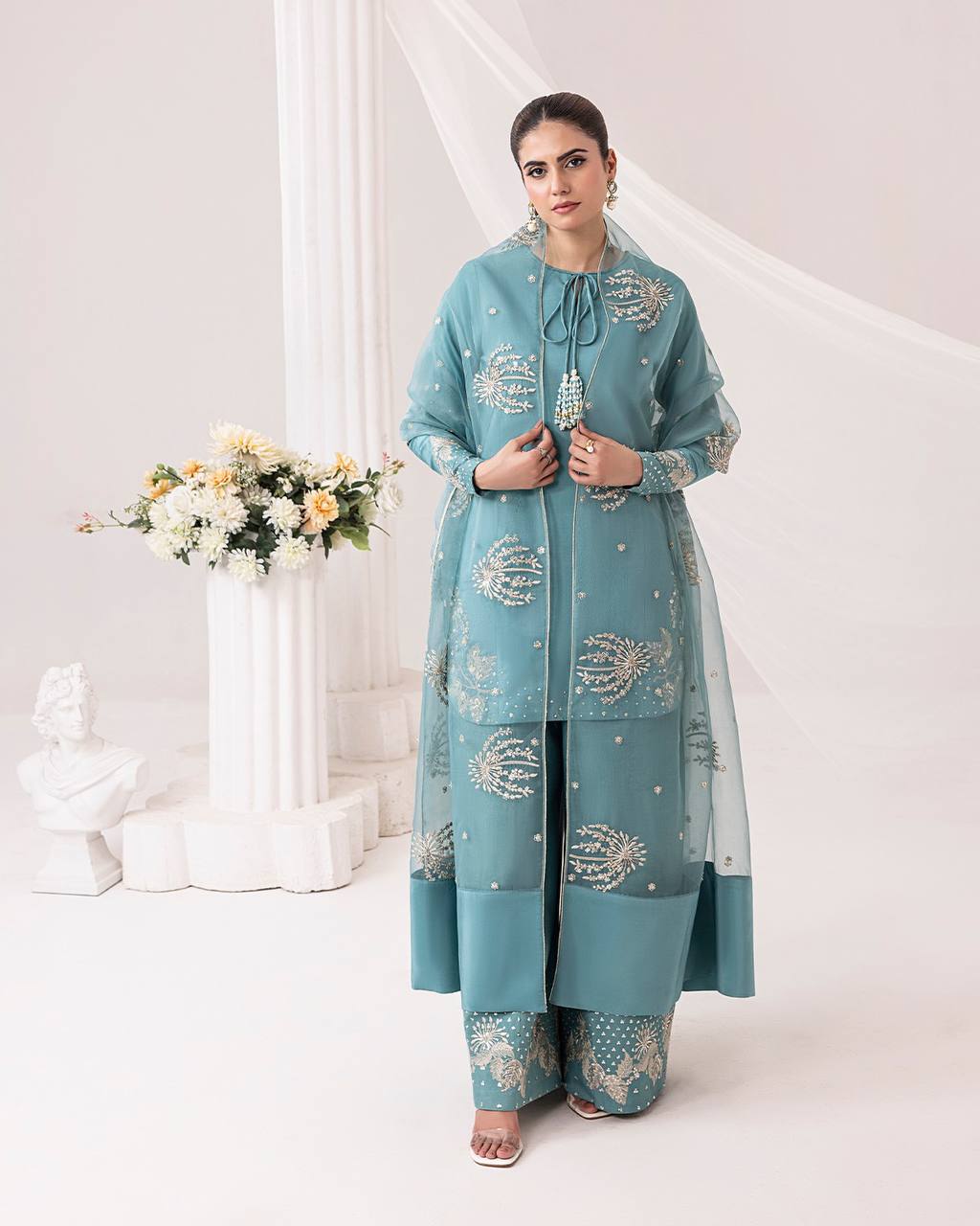 Sky Blue Designer Pure Natural Crepe Embroidered Suit Set with Tassel Detail & Organza Dupatta Clothsvilla