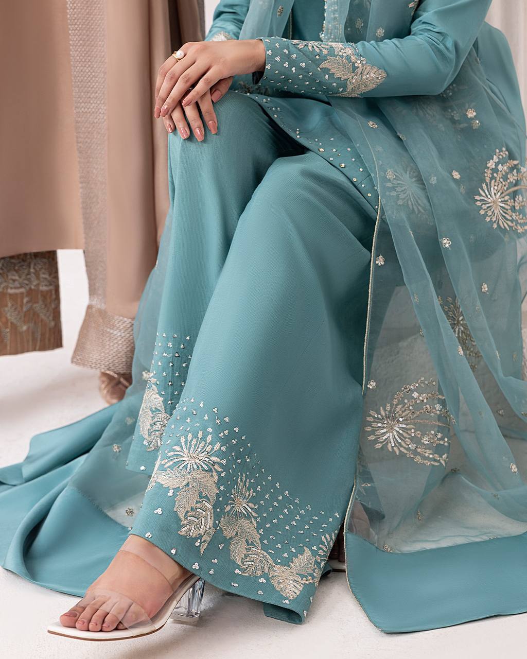 Sky Blue Designer Pure Natural Crepe Embroidered Suit Set with Tassel Detail & Organza Dupatta Clothsvilla