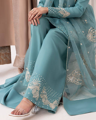 Sky Blue Designer Pure Natural Crepe Embroidered Suit Set with Tassel Detail & Organza Dupatta Clothsvilla