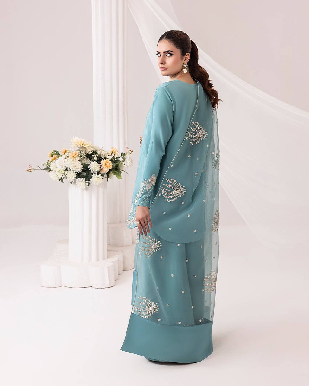 Sky Blue Designer Pure Natural Crepe Embroidered Suit Set with Tassel Detail & Organza Dupatta Clothsvilla
