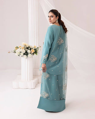 Sky Blue Designer Pure Natural Crepe Embroidered Suit Set with Tassel Detail & Organza Dupatta Clothsvilla