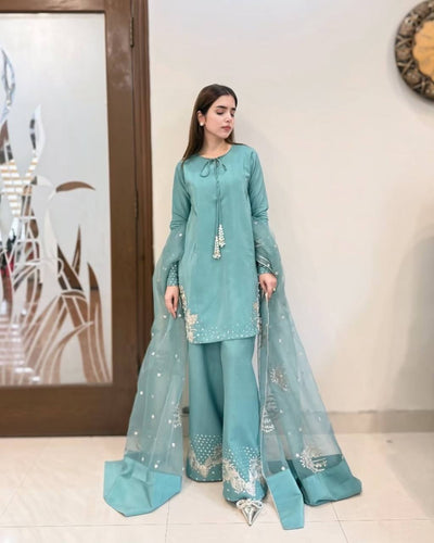 Sky Blue Designer Pure Natural Crepe Embroidered Suit Set with Tassel Detail & Organza Dupatta Clothsvilla