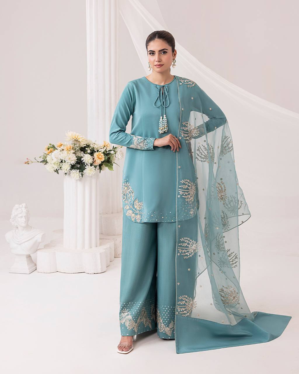 Sky Blue Designer Pure Natural Crepe Embroidered Suit Set with Tassel Detail & Organza Dupatta Clothsvilla