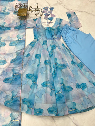 Sky Blue Designer Pure Organza Silk Marble Print Anarkali Set with Dupatta & Pant ClothsVilla