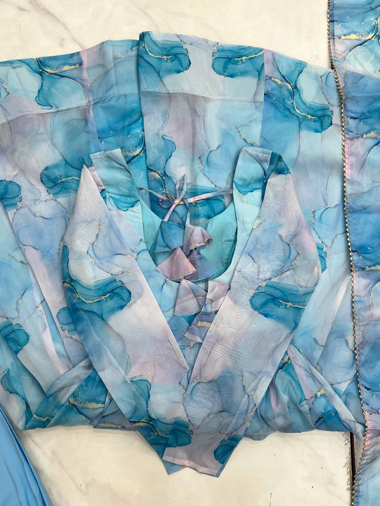 Sky Blue Designer Pure Organza Silk Marble Print Anarkali Set with Dupatta & Pant ClothsVilla
