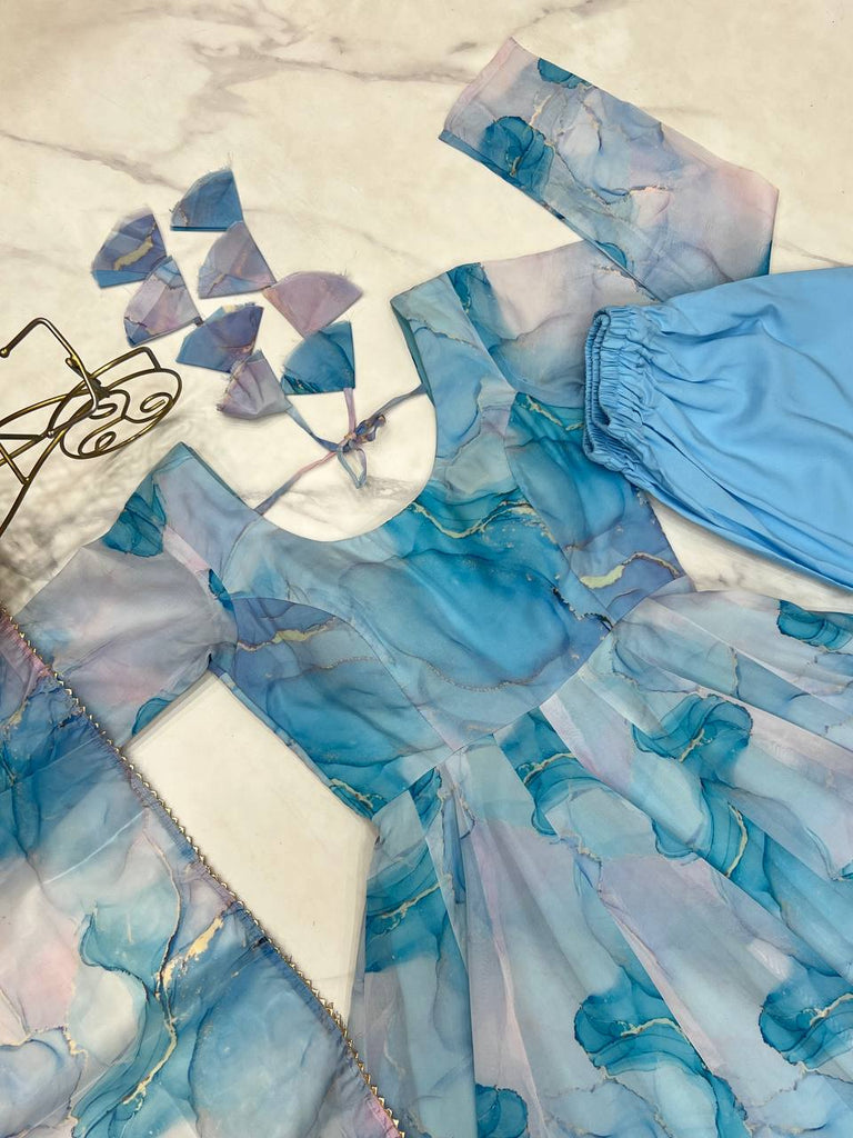 Sky Blue Designer Pure Organza Silk Marble Print Anarkali Set with Dupatta & Pant ClothsVilla