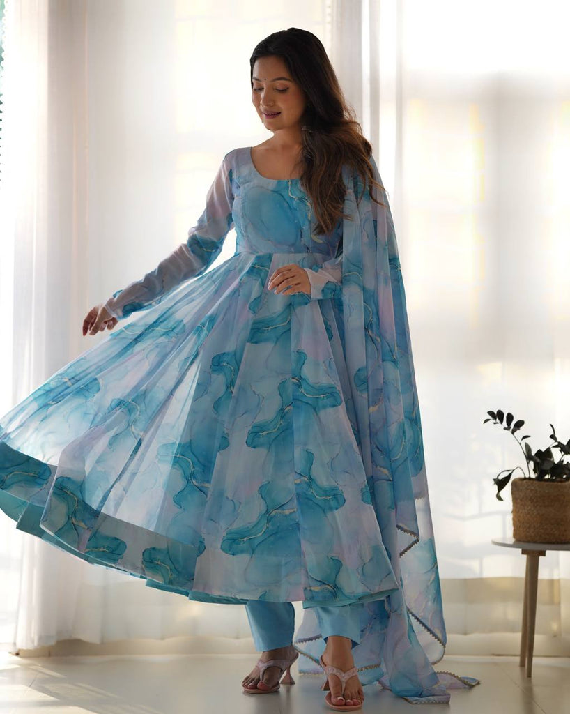 Sky Blue Designer Pure Organza Silk Marble Print Anarkali Set with Dupatta & Pant ClothsVilla