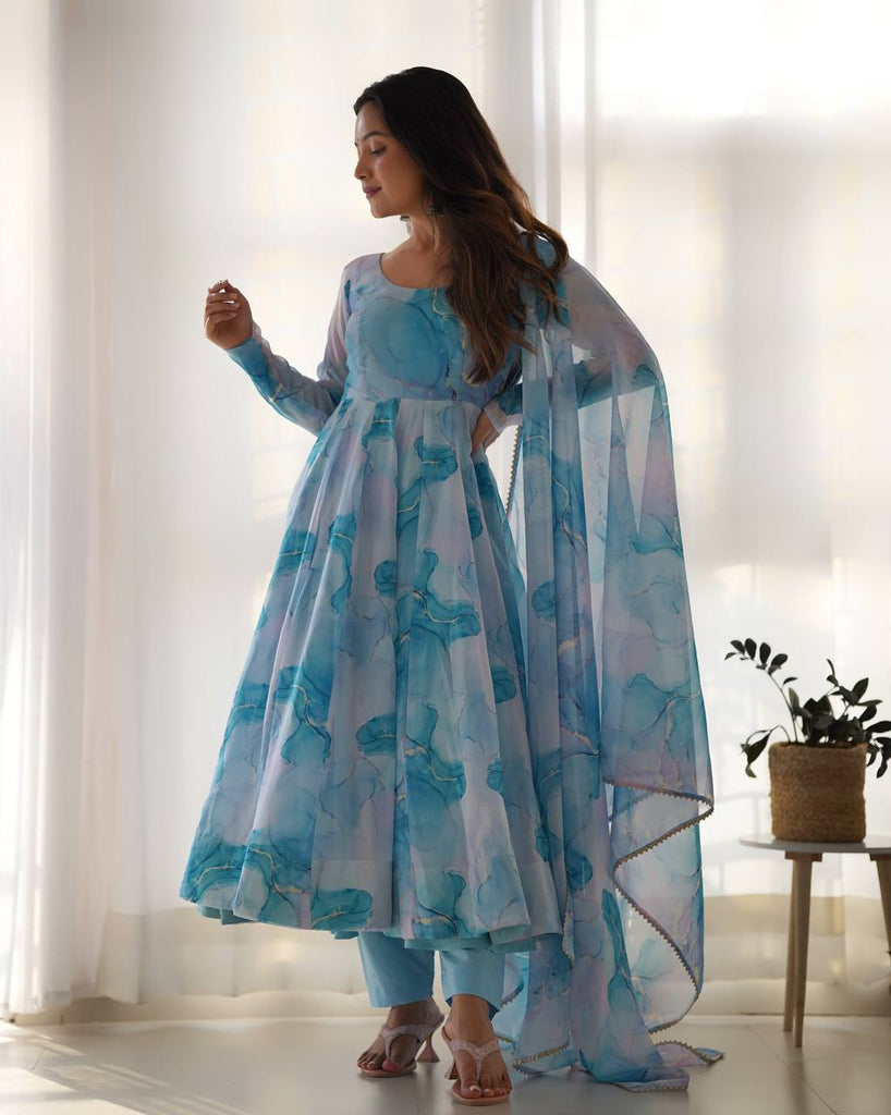 Sky Blue Designer Pure Organza Silk Marble Print Anarkali Set with Dupatta & Pant ClothsVilla