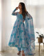 Sky Blue Designer Pure Organza Silk Marble Print Anarkali Set with Dupatta & Pant ClothsVilla