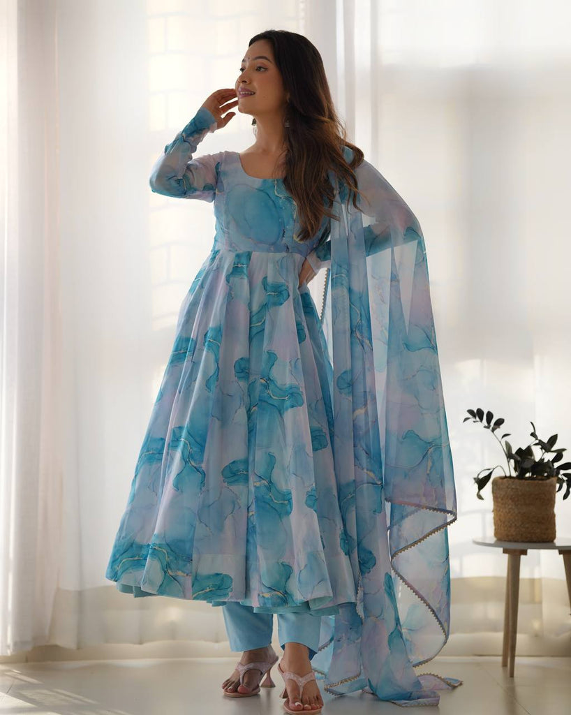Sky Blue Designer Pure Organza Silk Marble Print Anarkali Set with Dupatta & Pant ClothsVilla