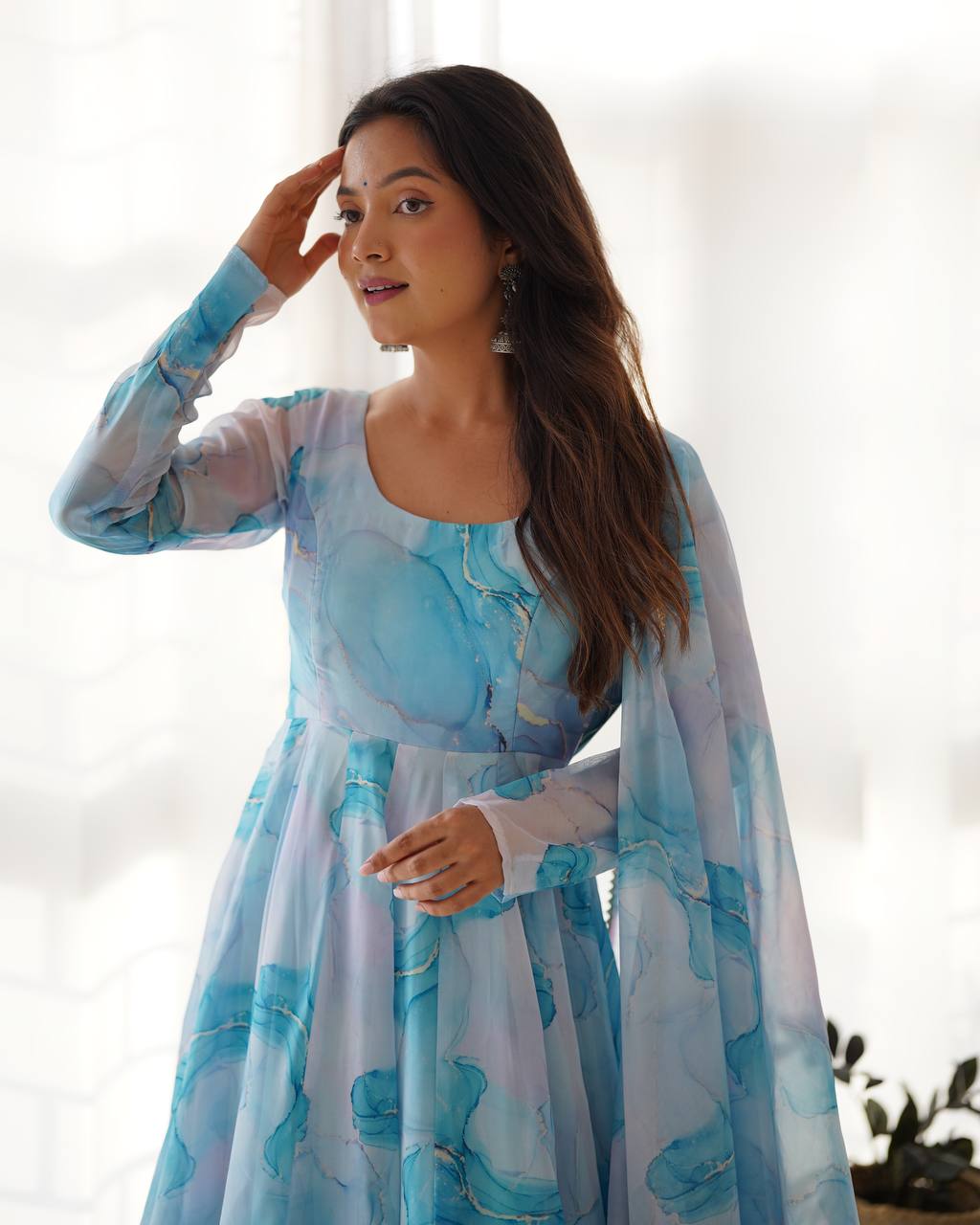 Sky Blue Designer Pure Organza Silk Marble Print Anarkali Set with Dupatta & Pant ClothsVilla