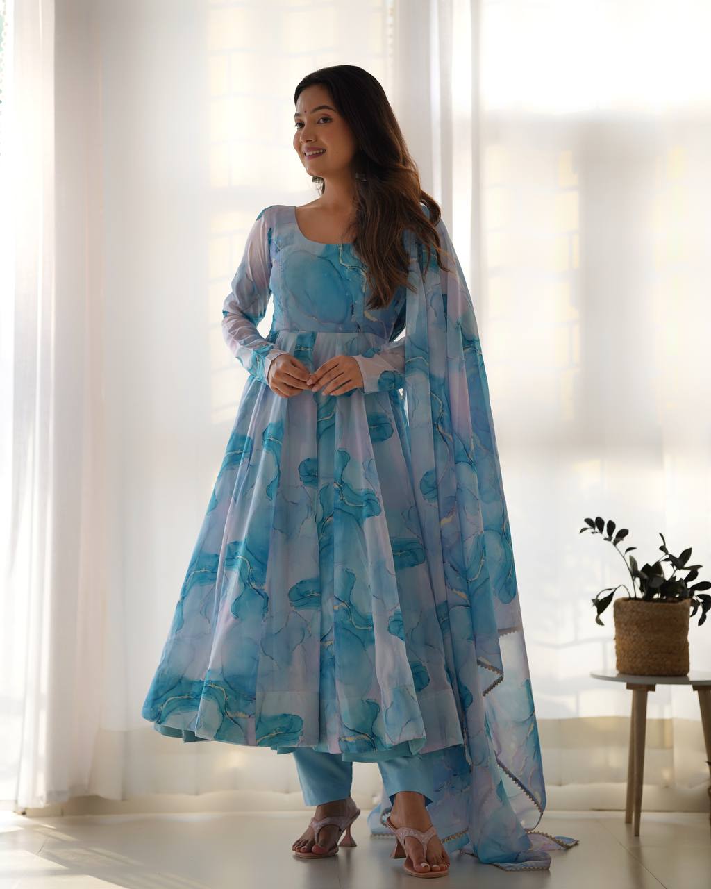 Sky Blue Designer Pure Organza Silk Marble Print Anarkali Set with Dupatta & Pant ClothsVilla