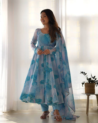 Sky Blue Designer Pure Organza Silk Marble Print Anarkali Set with Dupatta & Pant ClothsVilla