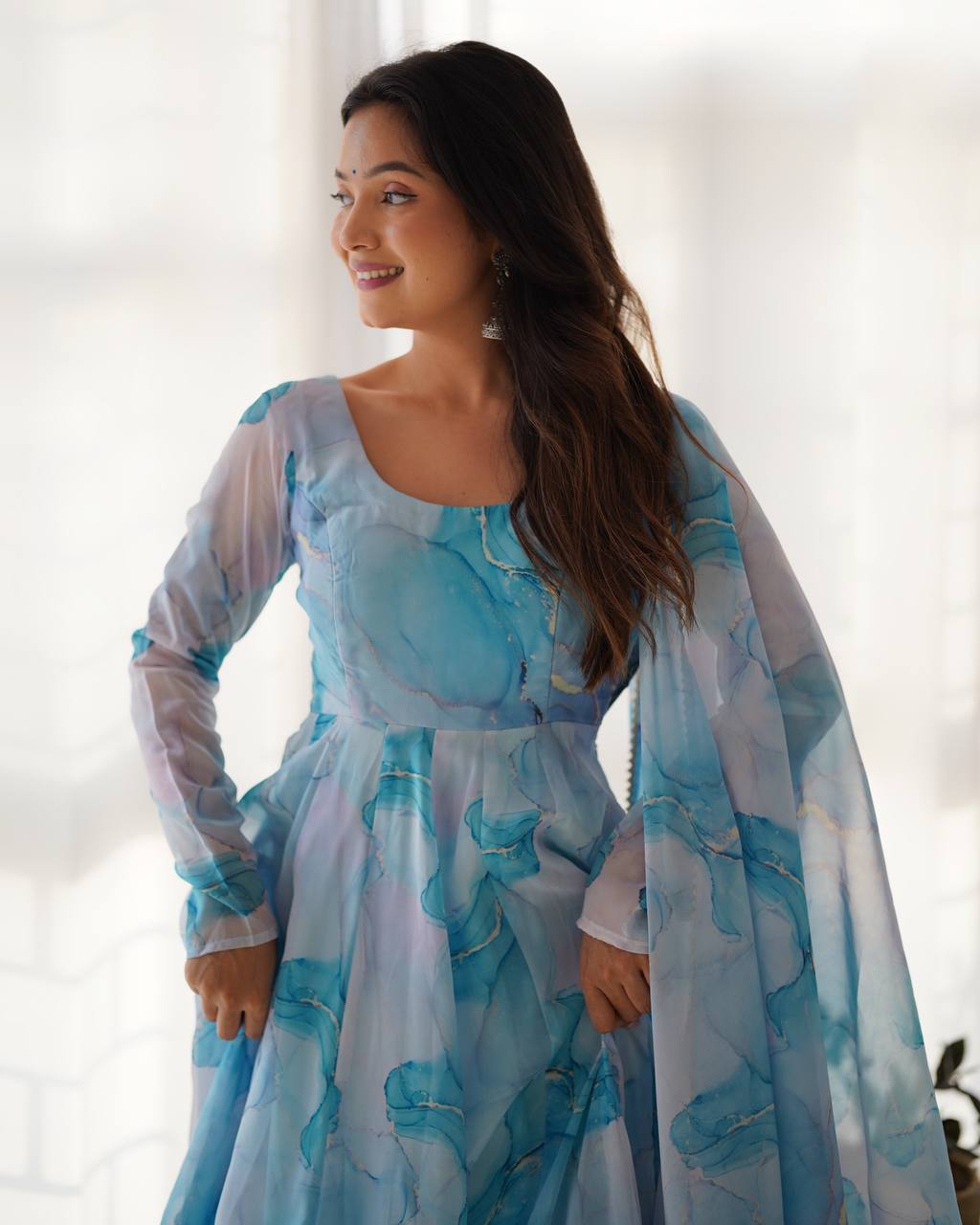 Sky Blue Designer Pure Organza Silk Marble Print Anarkali Set with Dupatta & Pant ClothsVilla